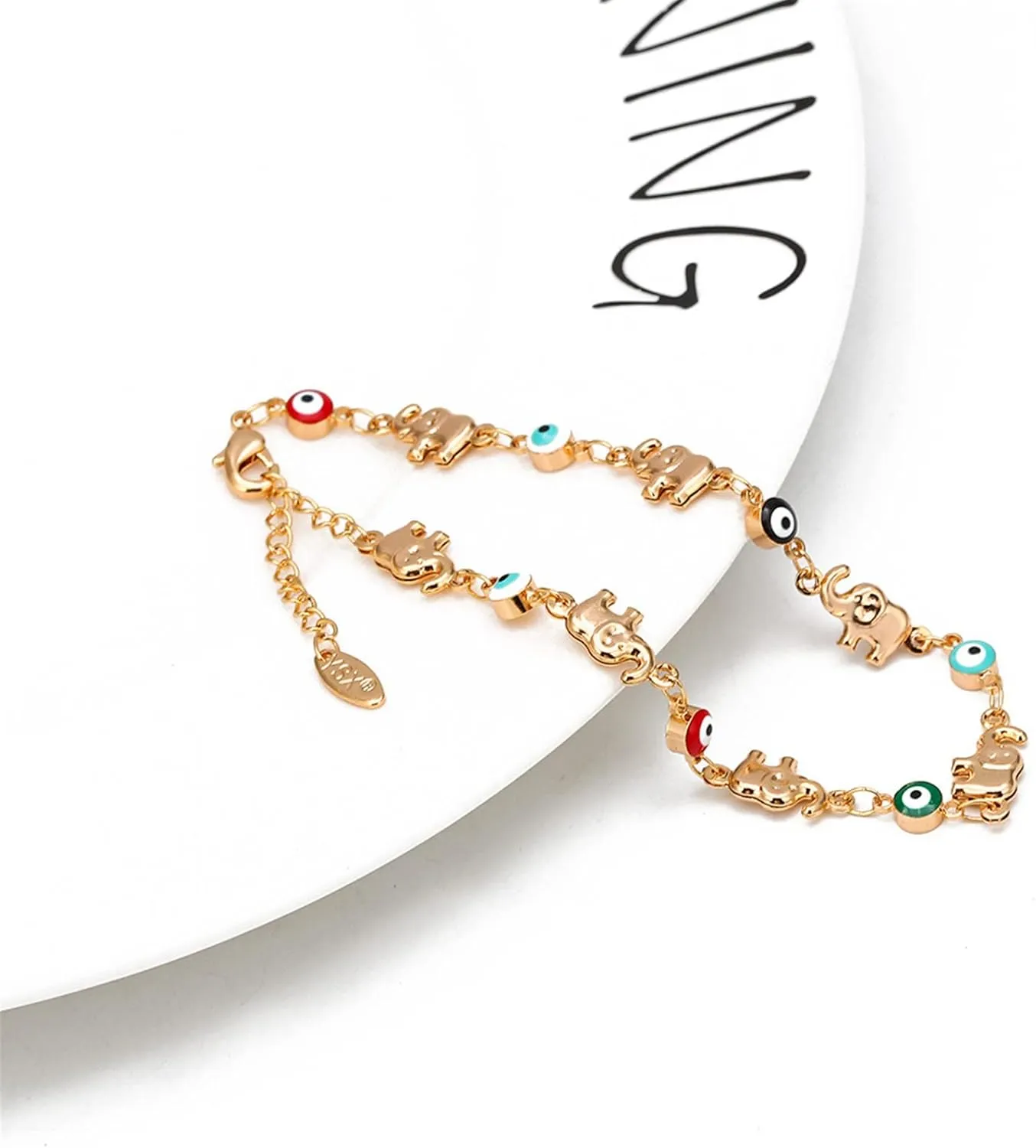 Caiyao Lucky Turkish Evil Eye Bead Elephant Bracelet for Women Mother Handmade Enamel Evil Eye Adjustable Link Chain Bracelet 14K Gold Plated Good Luck Protection Amulet Jewelry Gift