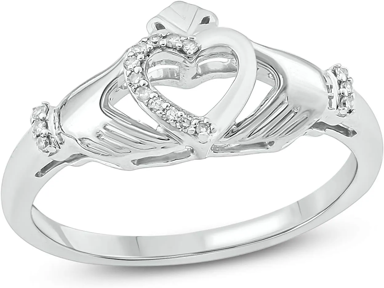 Cali Trove 1/20 CT Natural Diamond Claddagh Irish Ring for Women | Gold Vermeil 925 Sterling Silver Diamond Accent Wedding & Anniversary Ring | Jewelry Gift for Her in White Yellow or Pink Gold | Mother's Day Gifts