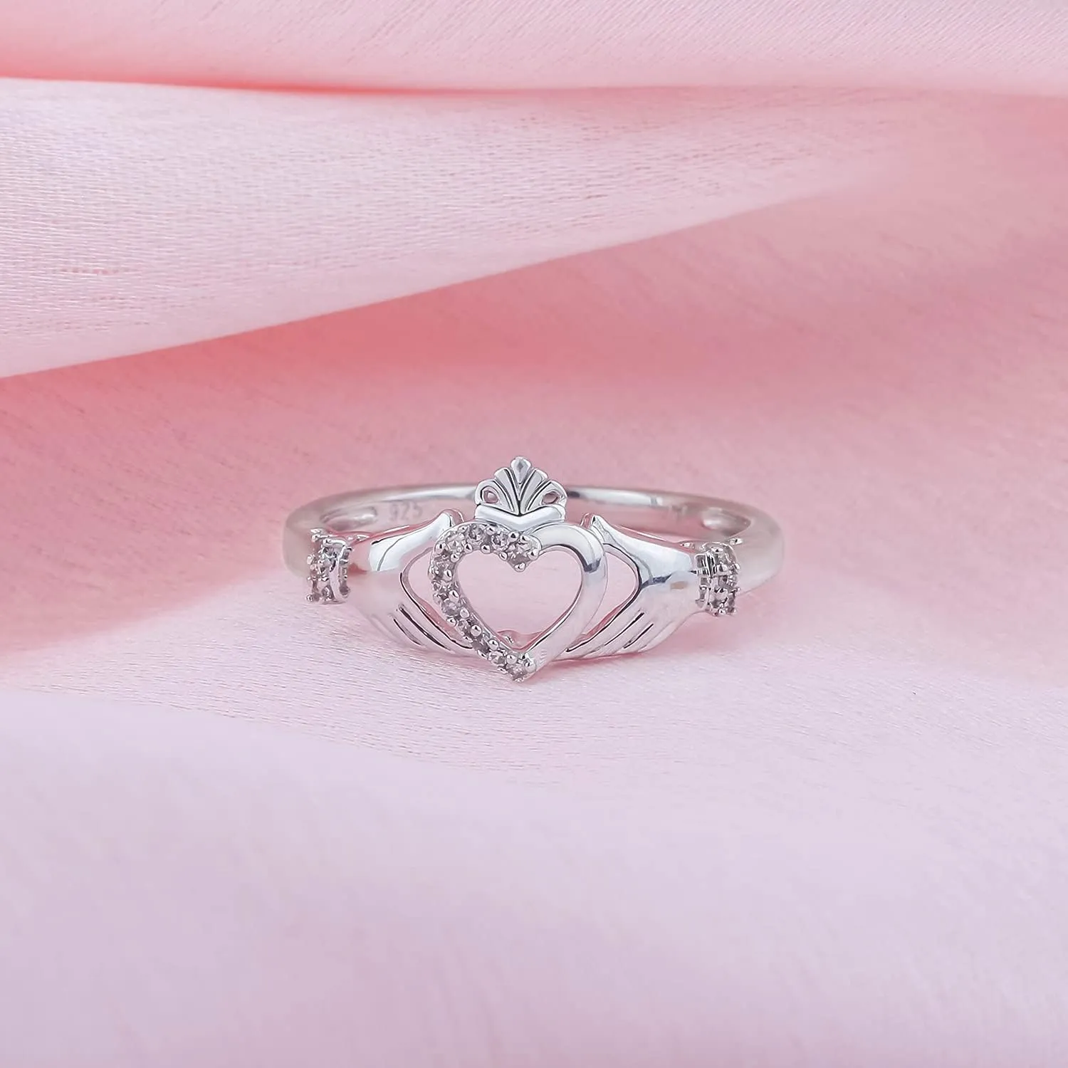 Cali Trove 1/20 CT Natural Diamond Claddagh Irish Ring for Women | Gold Vermeil 925 Sterling Silver Diamond Accent Wedding & Anniversary Ring | Jewelry Gift for Her in White Yellow or Pink Gold | Mother's Day Gifts
