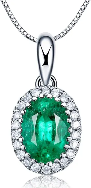 Carleen 14k Solid White Gold 0.46ct Natural Green Emerald Necklace, Small Halo May Birthstone Necklace Oval Shape Pendant with 0.06cttw Diamond, Fine Jewelry Gift for Women, Length 18 Inch