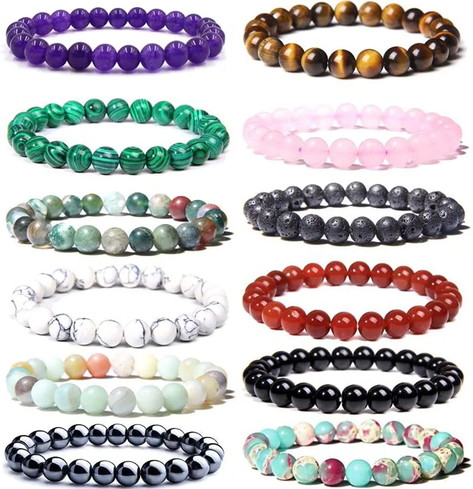 CASDAN 12PCS 8mm Gorgeous Semi-Precious Gemstones Round Beads Energy Power Crystal Reiki Elastic Stretch Bracelet For Women men Gifts