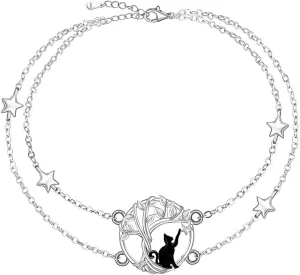Cat Anklet 925 Sterling Silver Cat Ankle Bracelets for Women Tree of Life Anklet for Cats Lovers Adjustable Halloween Jewelry Gift