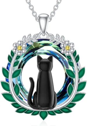 Cat Necklace for Women 925 Sterling Silver Black Cat Pendant Necklace with Crystal Cute Animal Jewelry Gift for Women