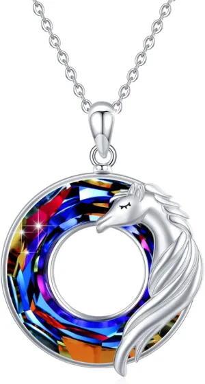 Celtic Horse Necklace S925 Sterling Silver Circle Crystal Celtic Knot Horse Pendant Horse Equestrian Jewelry Gift for Women Wife Daughter BBS Horse Love-Smile Horse Volcanic Circle Crystal Pendant