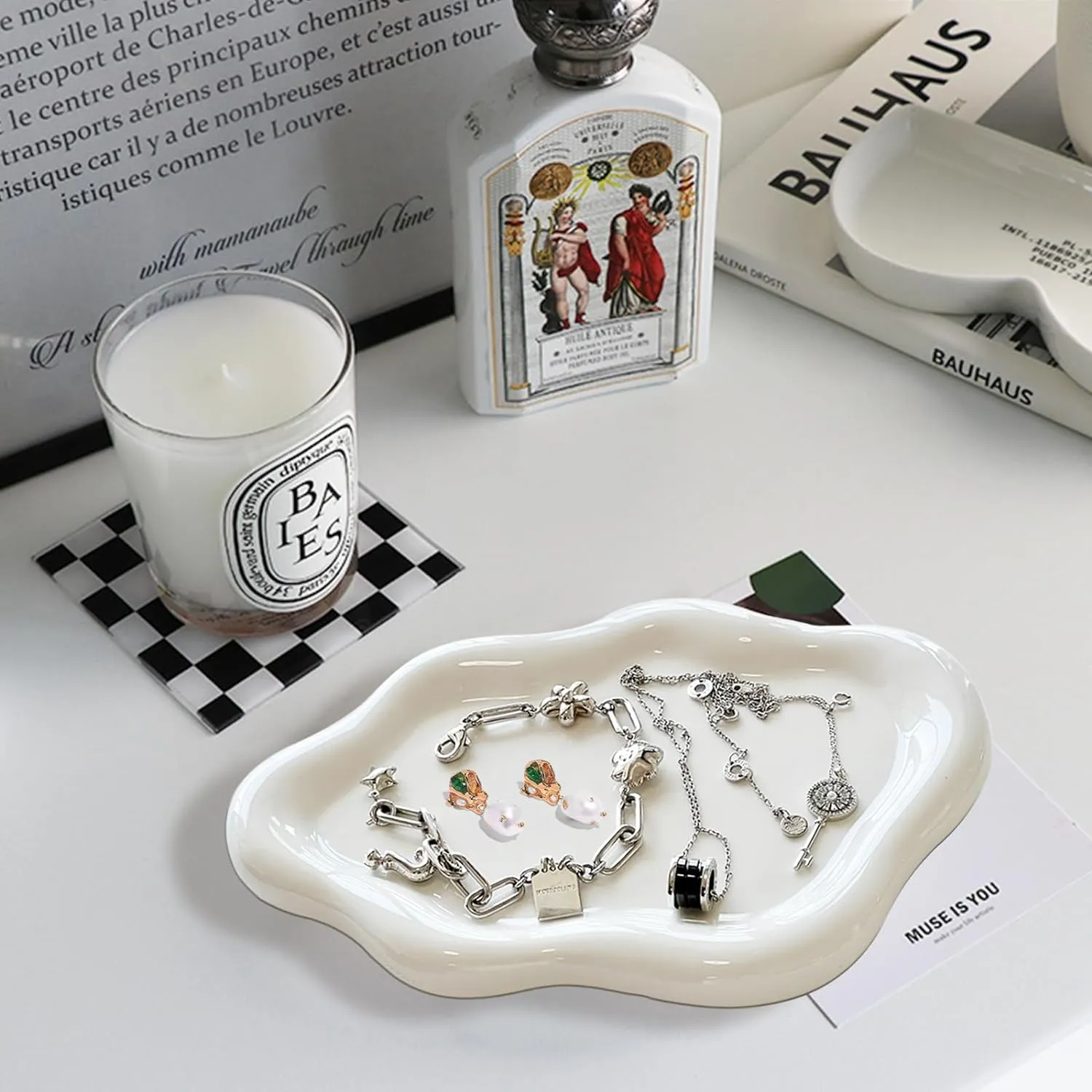 Ceramic Jewelry Dish for Women, Jewelry Tray Trinket Dish, Irregular Cloud Shape Ceramic Plate, Watch Keys Tray Ring Dish Holder for Mother's Day/Christmas/Thanksgiving/Birthday Gift(White)