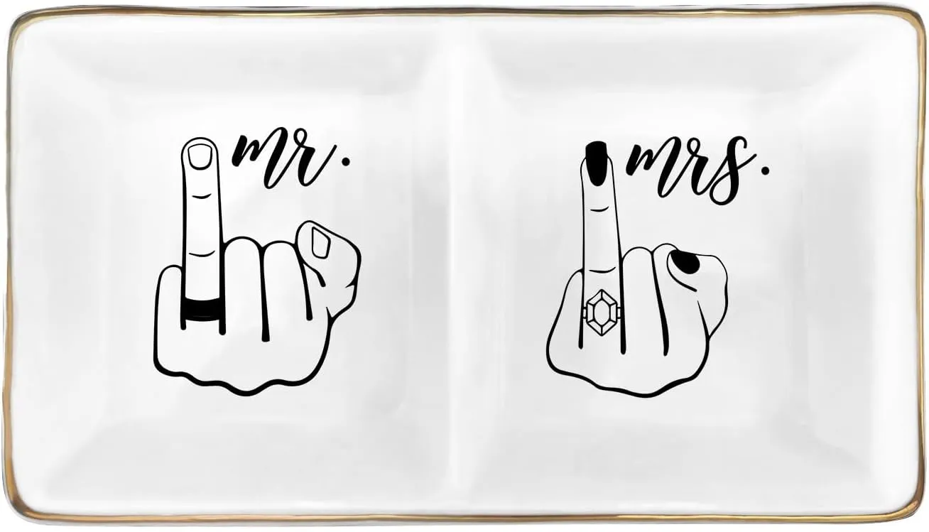 Ceramic Jewelry Tray for Wedding & Anniversary,Funny Mr and Mrs Ring Dish, Elegant Home Decor Gift for Couples, Brides, Valentines Day
