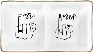 Ceramic Jewelry Tray for Wedding & Anniversary,Funny Mr and Mrs Ring Dish, Elegant Home Decor Gift for Couples, Brides, Valentines Day