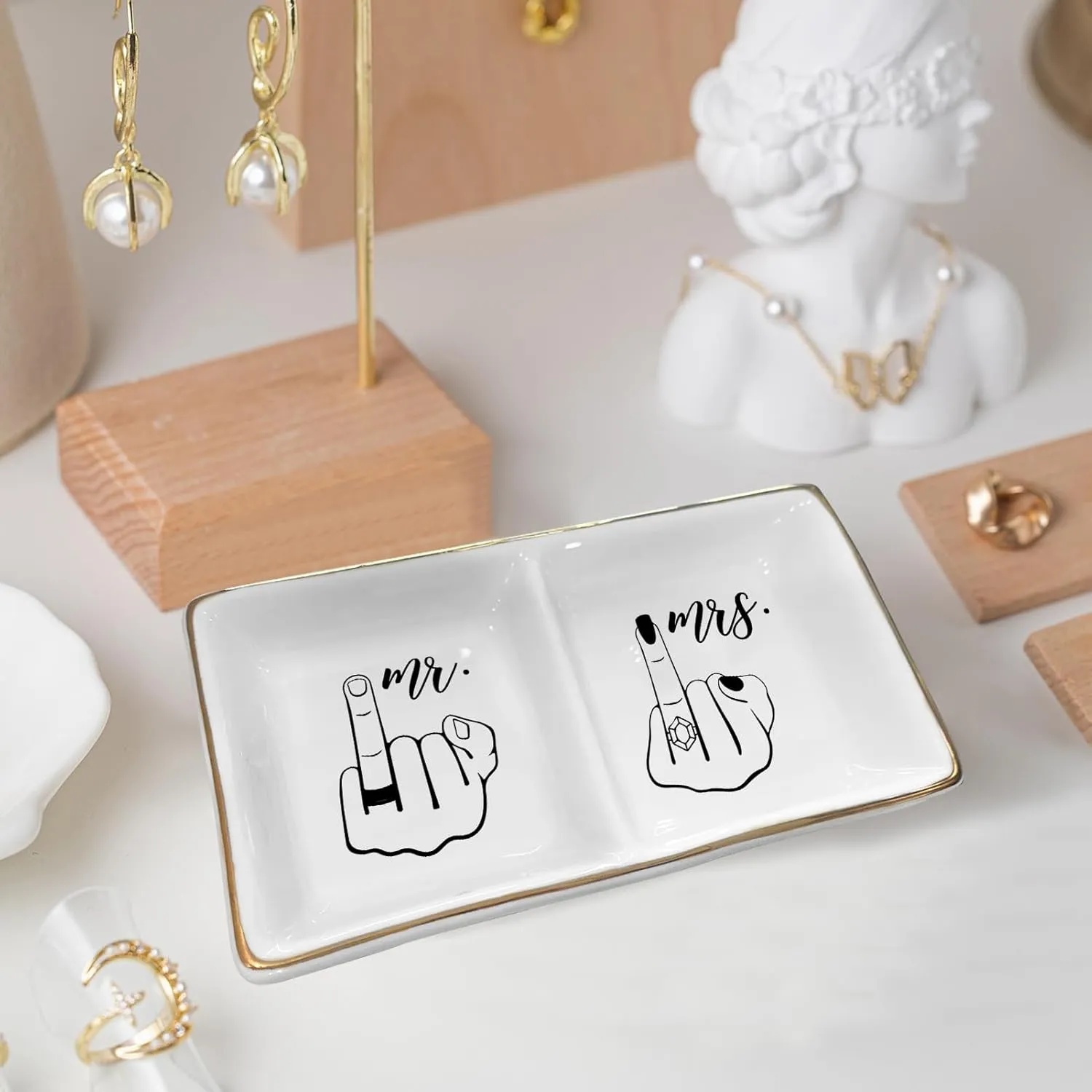 Ceramic Jewelry Tray for Wedding & Anniversary,Funny Mr and Mrs Ring Dish, Elegant Home Decor Gift for Couples, Brides, Valentines Day