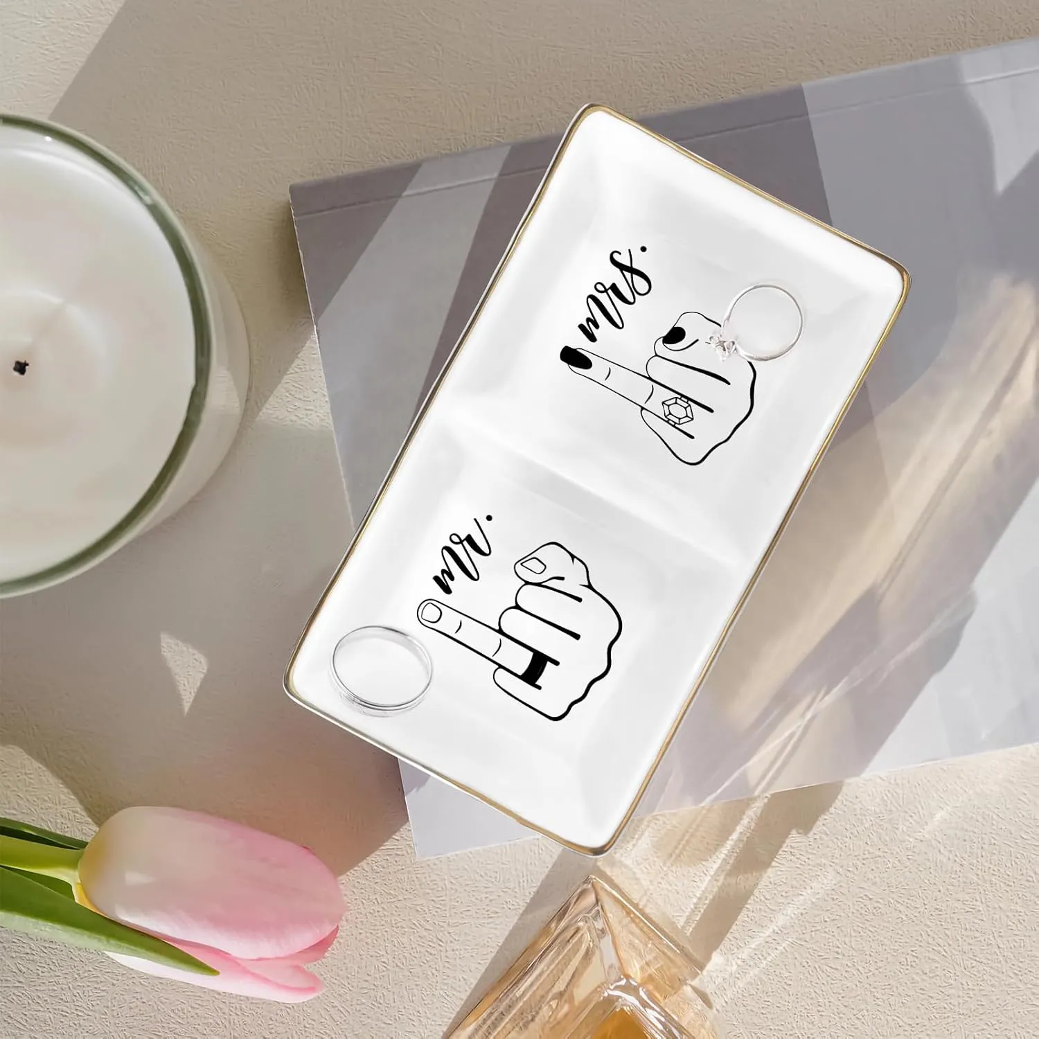 Ceramic Jewelry Tray for Wedding & Anniversary,Funny Mr and Mrs Ring Dish, Elegant Home Decor Gift for Couples, Brides, Valentines Day