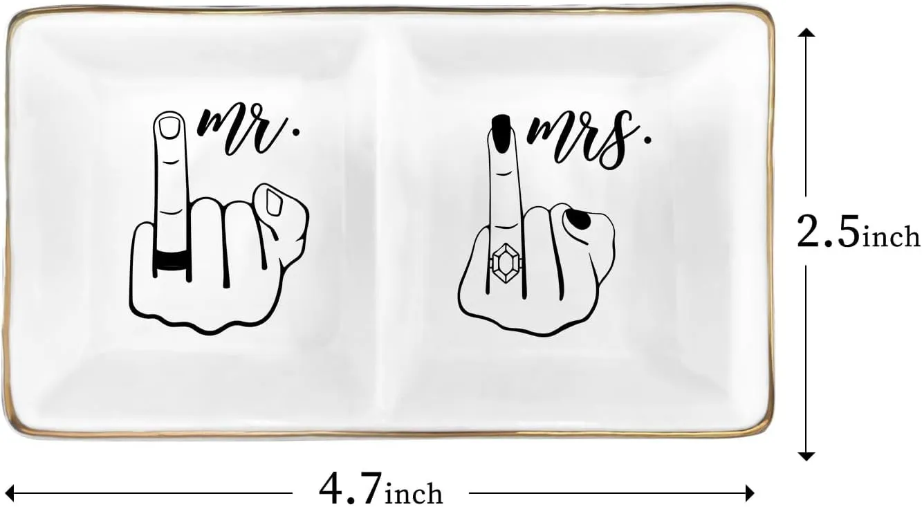 Ceramic Jewelry Tray for Wedding & Anniversary,Funny Mr and Mrs Ring Dish, Elegant Home Decor Gift for Couples, Brides, Valentines Day
