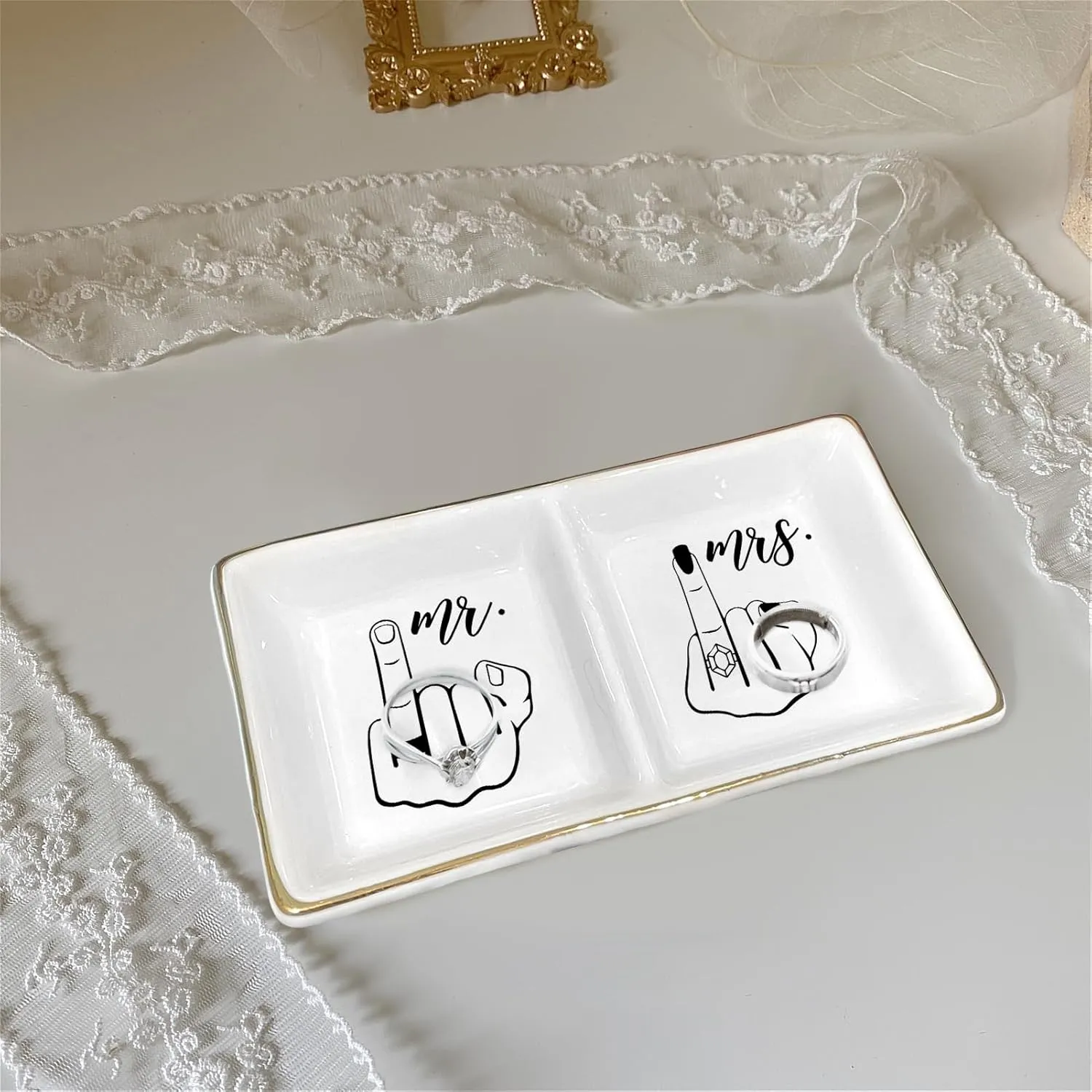 Ceramic Jewelry Tray for Wedding & Anniversary,Funny Mr and Mrs Ring Dish, Elegant Home Decor Gift for Couples, Brides, Valentines Day