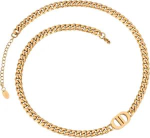 CG&KYGG Womens 18K Real Gold Plated Initial Necklace Choker with Double D Letter, 6mm 316L Stainless Steel Cuban Link Chain, Birthday Valentine's Day & Mother's Day Gift(Delicate Box & Pouch Packing)