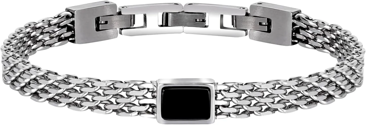 Chain Bracelet for Men & Women, Charm Mesh Link Chain Bracelet with Black Agate, Sturdy Stainless Steel bracelet Fold Over Clasp for Men