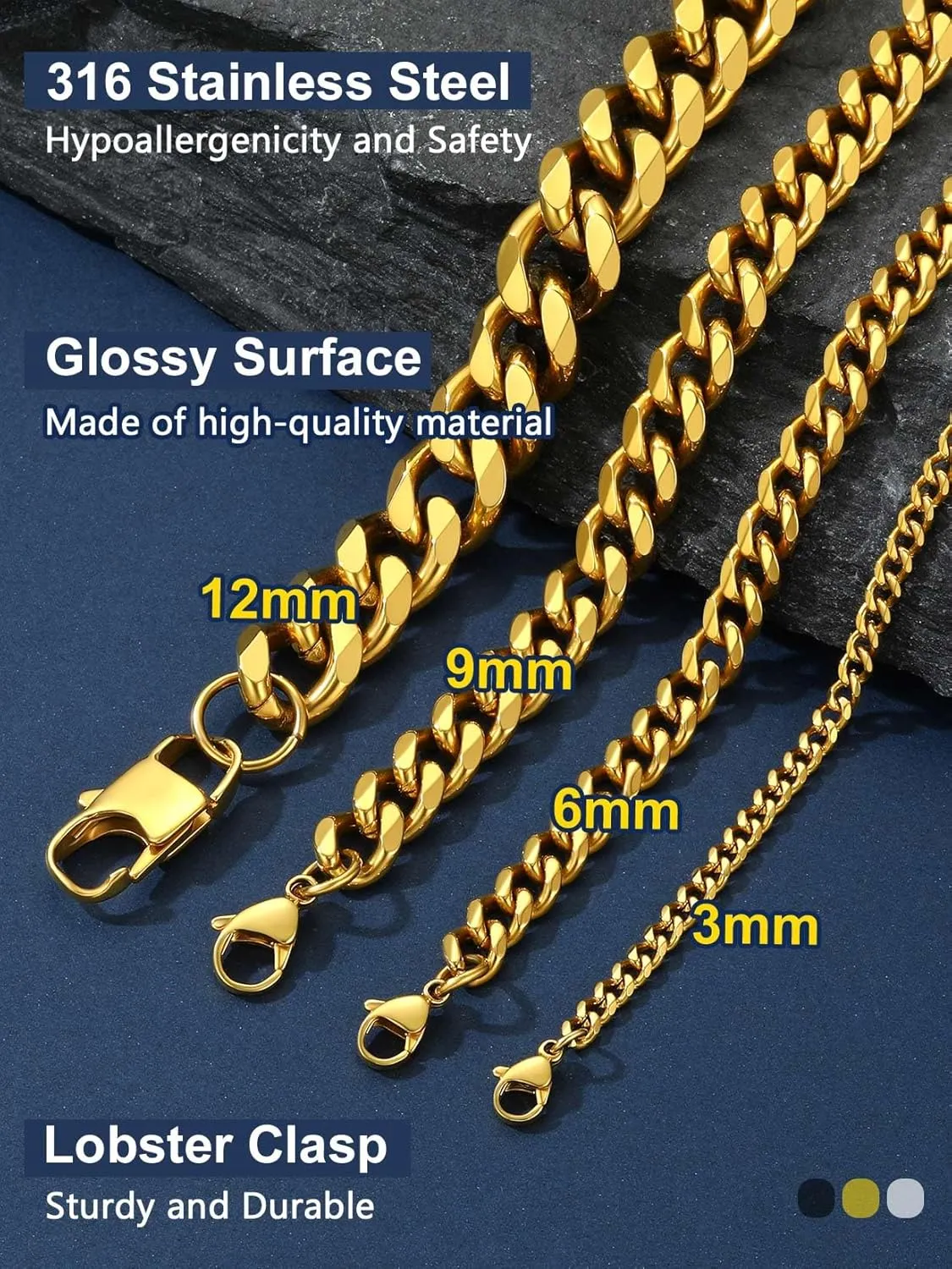 ChainsPro Stainless Steel Cuban Link Chain for Men, Miami Cuban Chain Necklace 3/6/9/12mm Width Silver/Black/Gold Plated Chains Necklace for Mens, Hip Hop Durable Mens Jewelry,14"-30" with Gifts Box