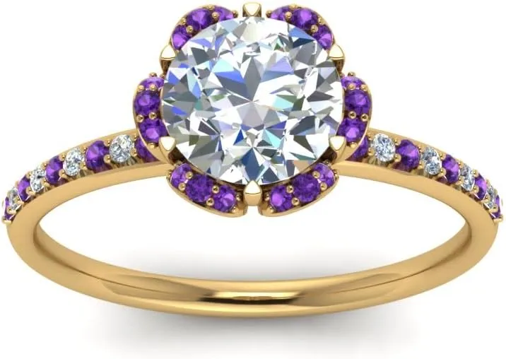 Choose Your Gemstone 6 Petal Ring Yellow Gold Plated Round Shape Halo Engagement Rings Well Shaped for Any Gift Giving Occassion Modern Style Enchating Women US Size 4 to 12