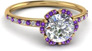 Choose Your Gemstone 6 Petal Ring Yellow Gold Plated Round Shape Halo Engagement Rings Well Shaped for Any Gift Giving Occassion Modern Style Enchating Women US Size 4 to 12