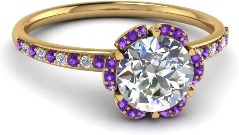 Choose Your Gemstone 6 Petal Ring Yellow Gold Plated Round Shape Halo Engagement Rings Well Shaped for Any Gift Giving Occassion Modern Style Enchating Women US Size 4 to 12