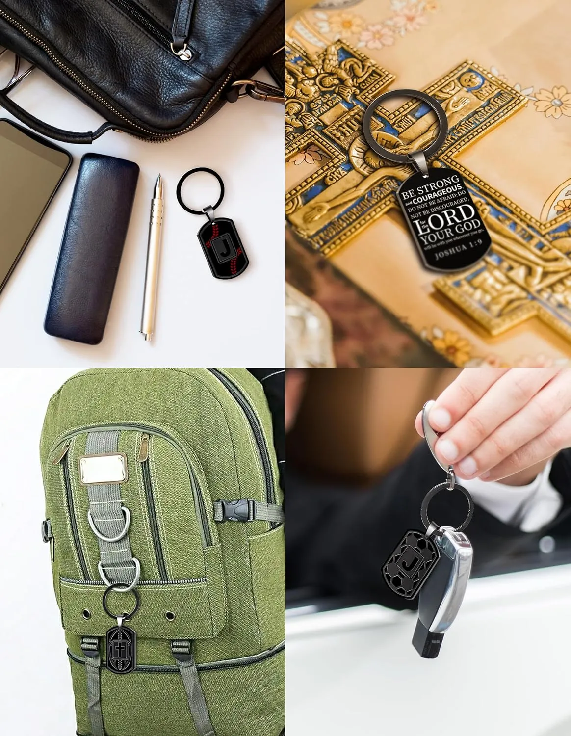 Christian Easter Gifts, Cross with Sports Initial J Keychains for Men Box, Bible Verse Stainless Steel Mens Keychain
