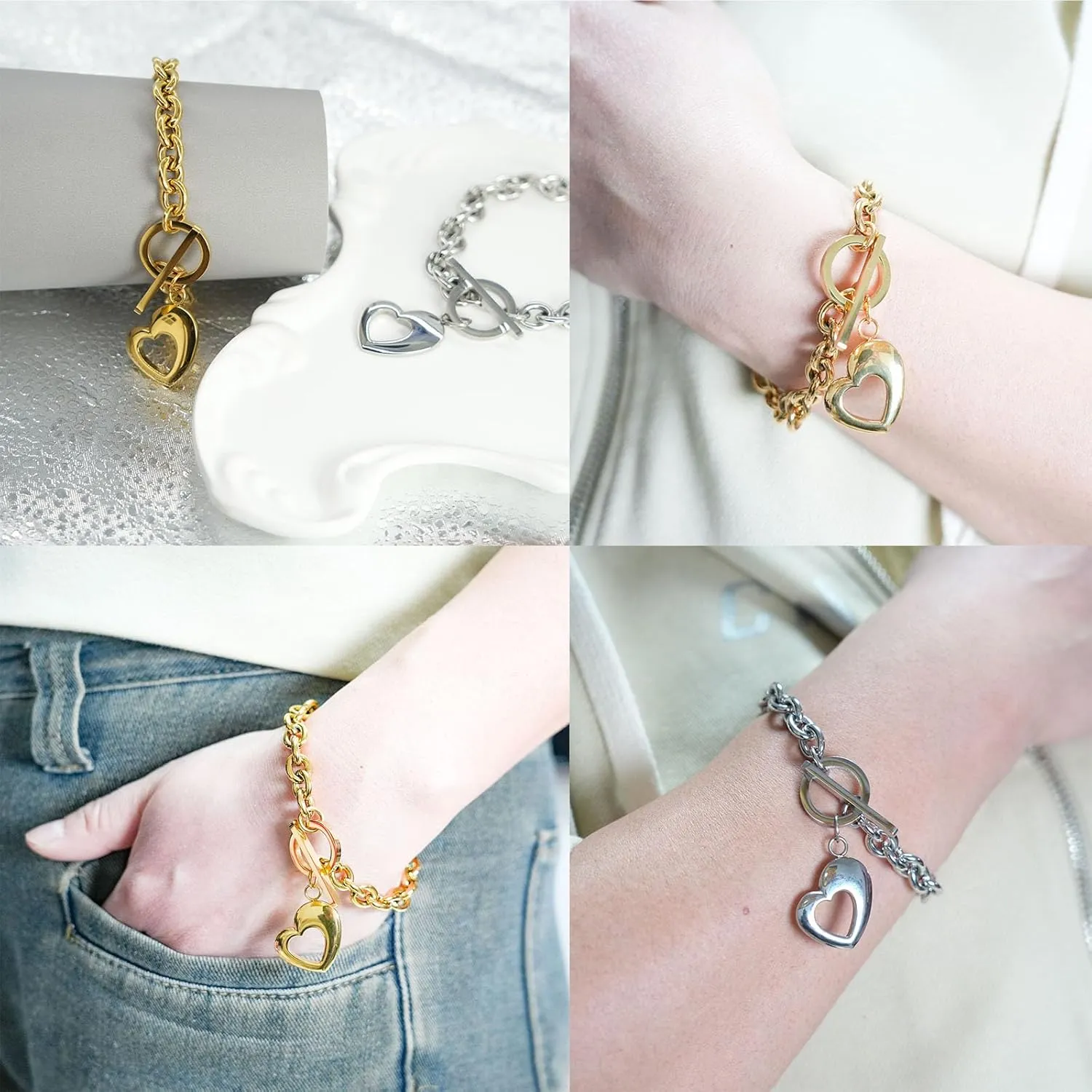 Chunky Chain Heart Charm Bracelet for Women,Waterproof Large Size 7.5 Inches,18k Gold Plated Stainless Steel Hollow Pendant Bracelets Gifts,with Toggle Clasp Jewelry Accessories