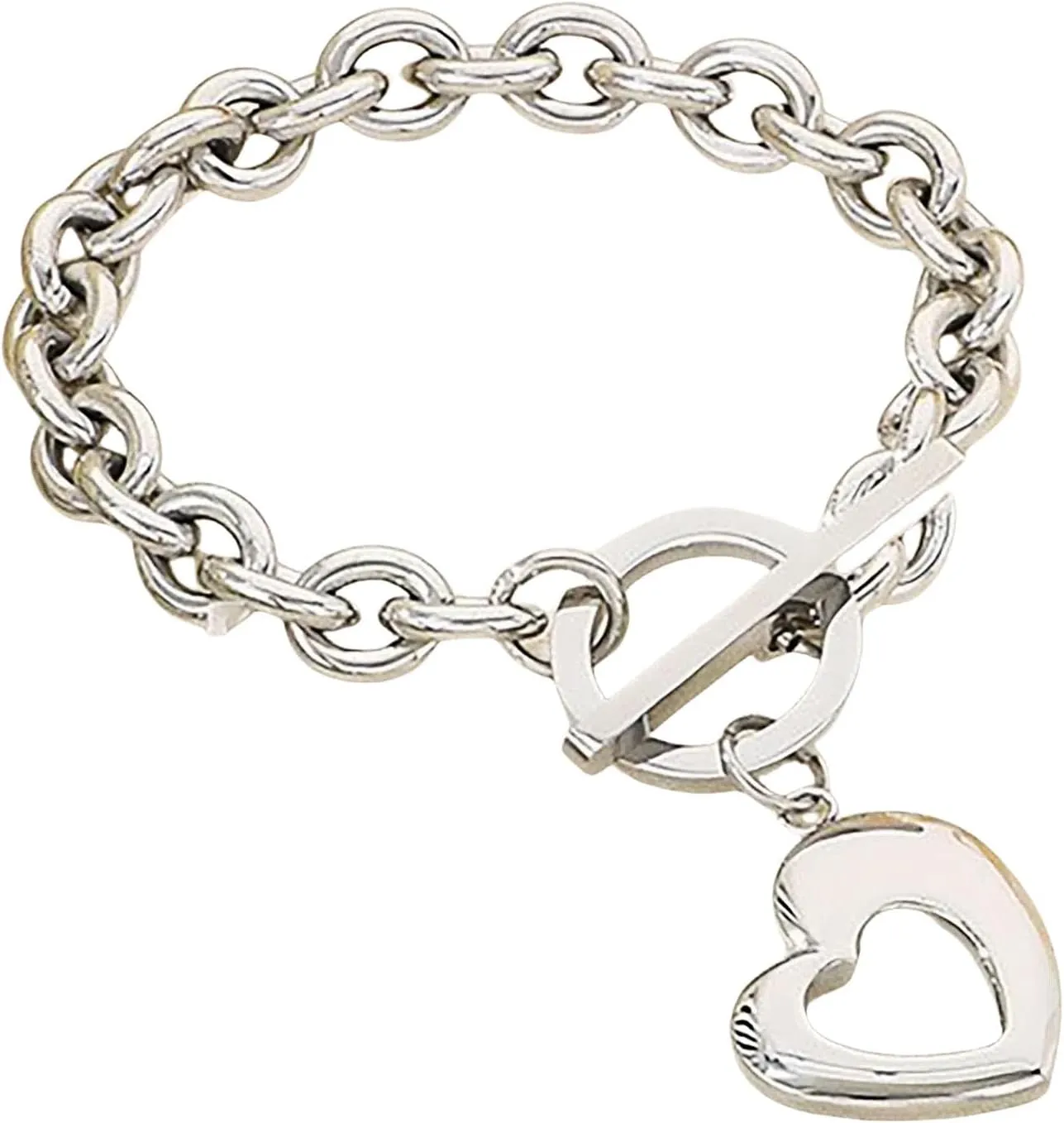 Chunky Chain Heart Charm Bracelet for Women,Waterproof Large Size 7.5 Inches,18k Gold Plated Stainless Steel Hollow Pendant Bracelets Gifts,with Toggle Clasp Jewelry Accessories