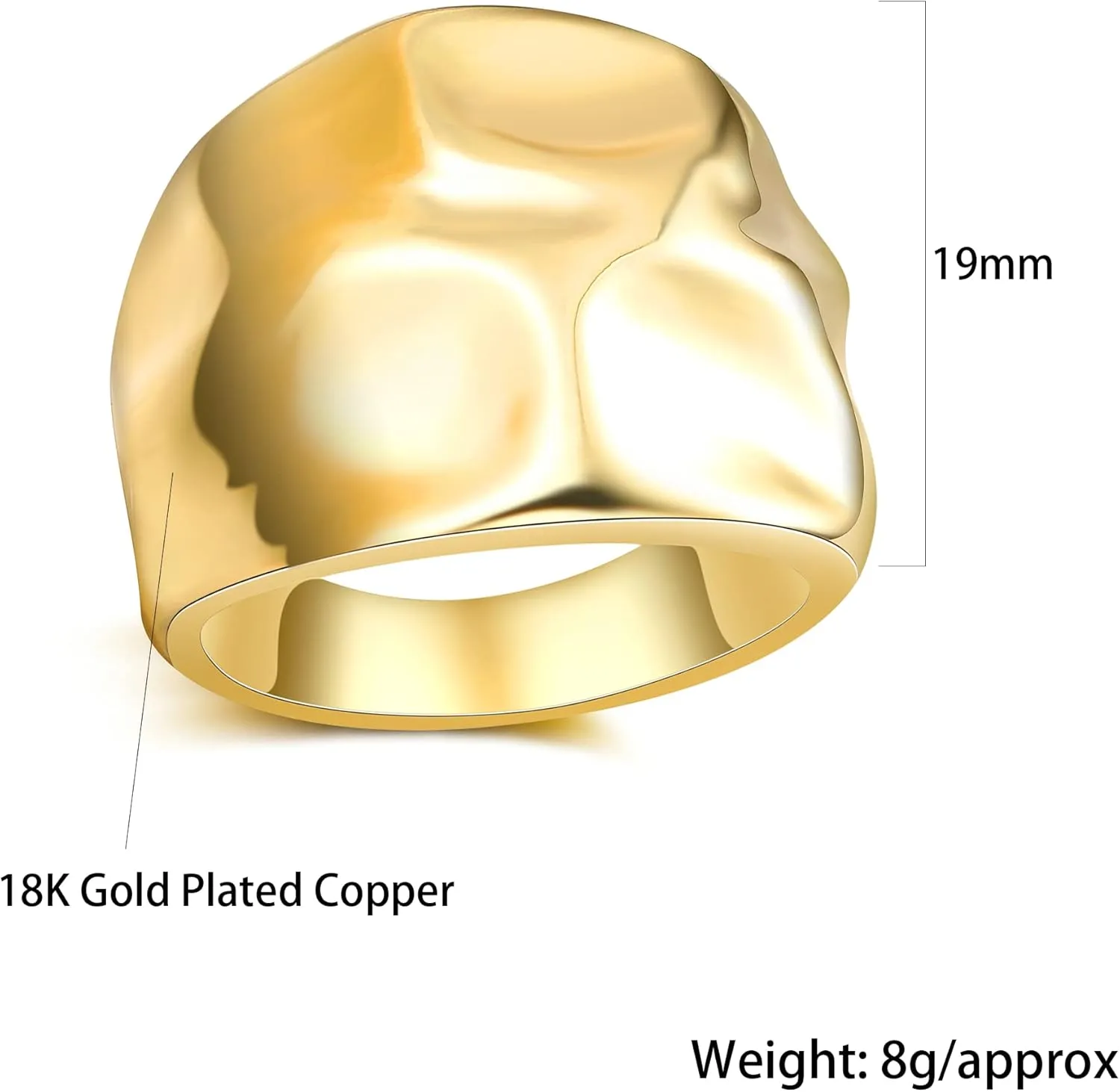 Chunky Dome Statement Ring - 18K Gold Plated Wide Band Ring with Hammered Design, Modern Sculptural Fashion Jewelry for Women Size 7-10