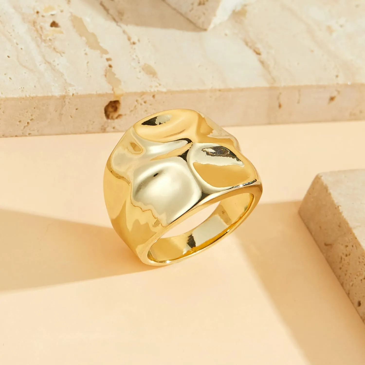Chunky Dome Statement Ring - 18K Gold Plated Wide Band Ring with Hammered Design, Modern Sculptural Fashion Jewelry for Women Size 7-10