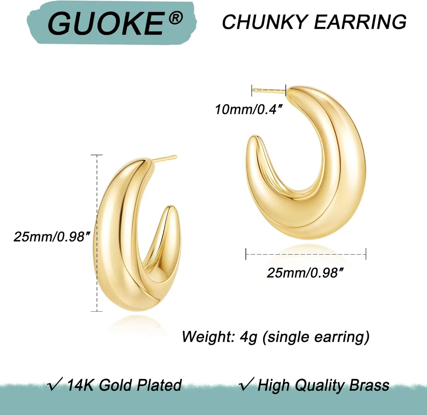 Chunky Gold Earrings for Women  14K Gold Plated Open Hoop Statement Earrings Lightweight Trendy Jewelry for Everyday Wear