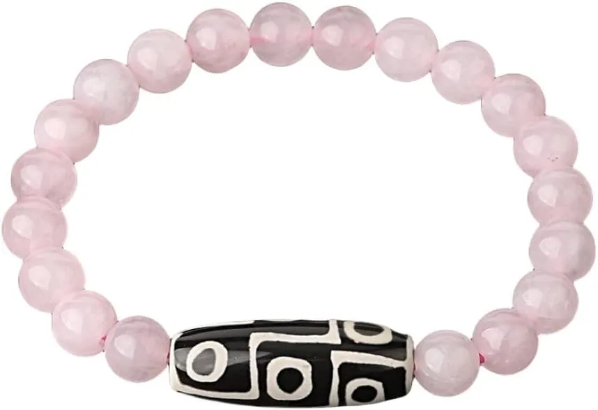 Classic bracelet,Stone Bracelet For Men,Tibetan Buddhism Natural Rose Quartz Gemstone Beads Dzi Agate Bracelet Nine-Eyed Prayer Religion Bangle Dainty Gift For Men Women