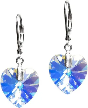 Clear AB Austrian Crystal Heart Crystal with Sterling Silver Leverback Dangle Earrings