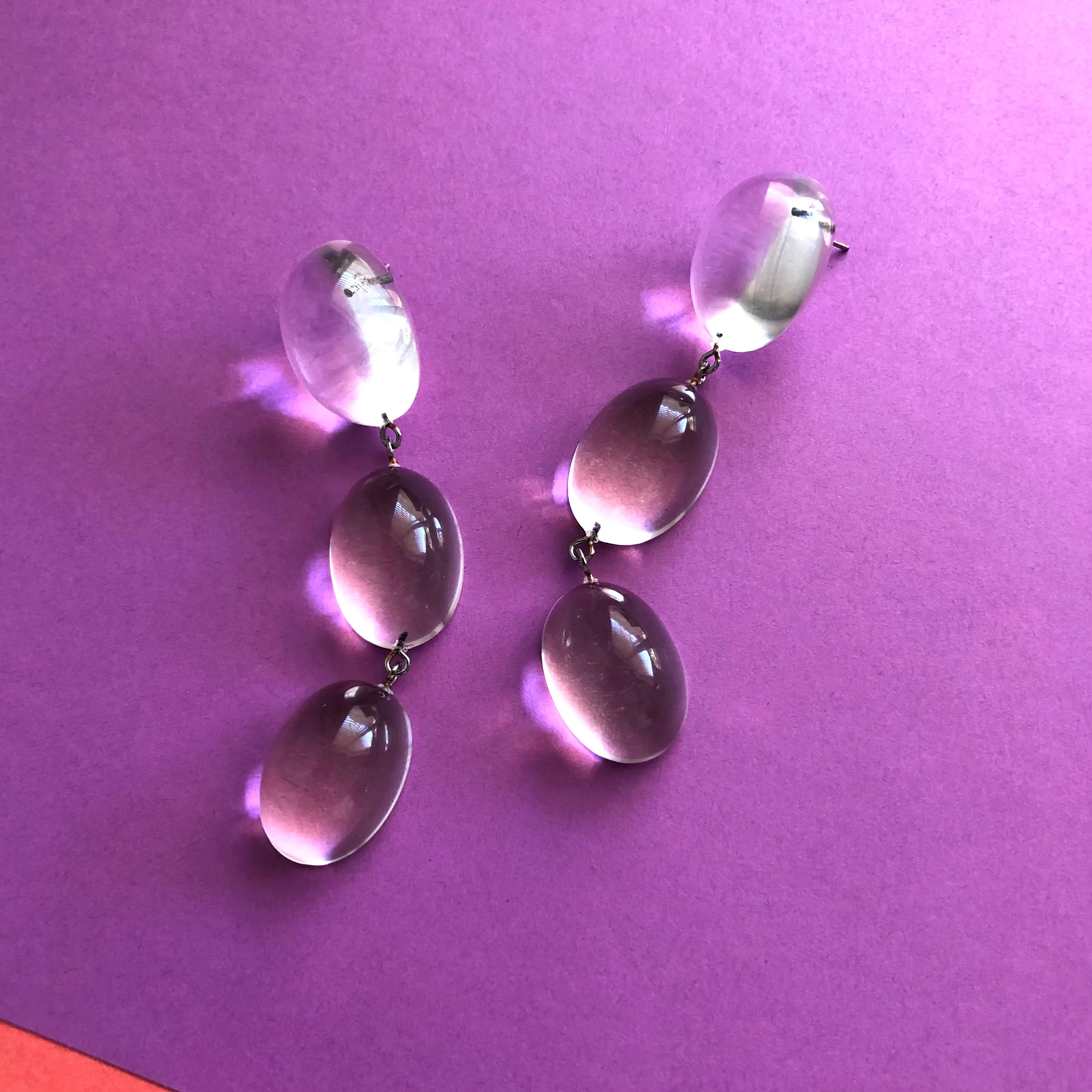 Clear Domed Oval Tri Dot Drop Earrings