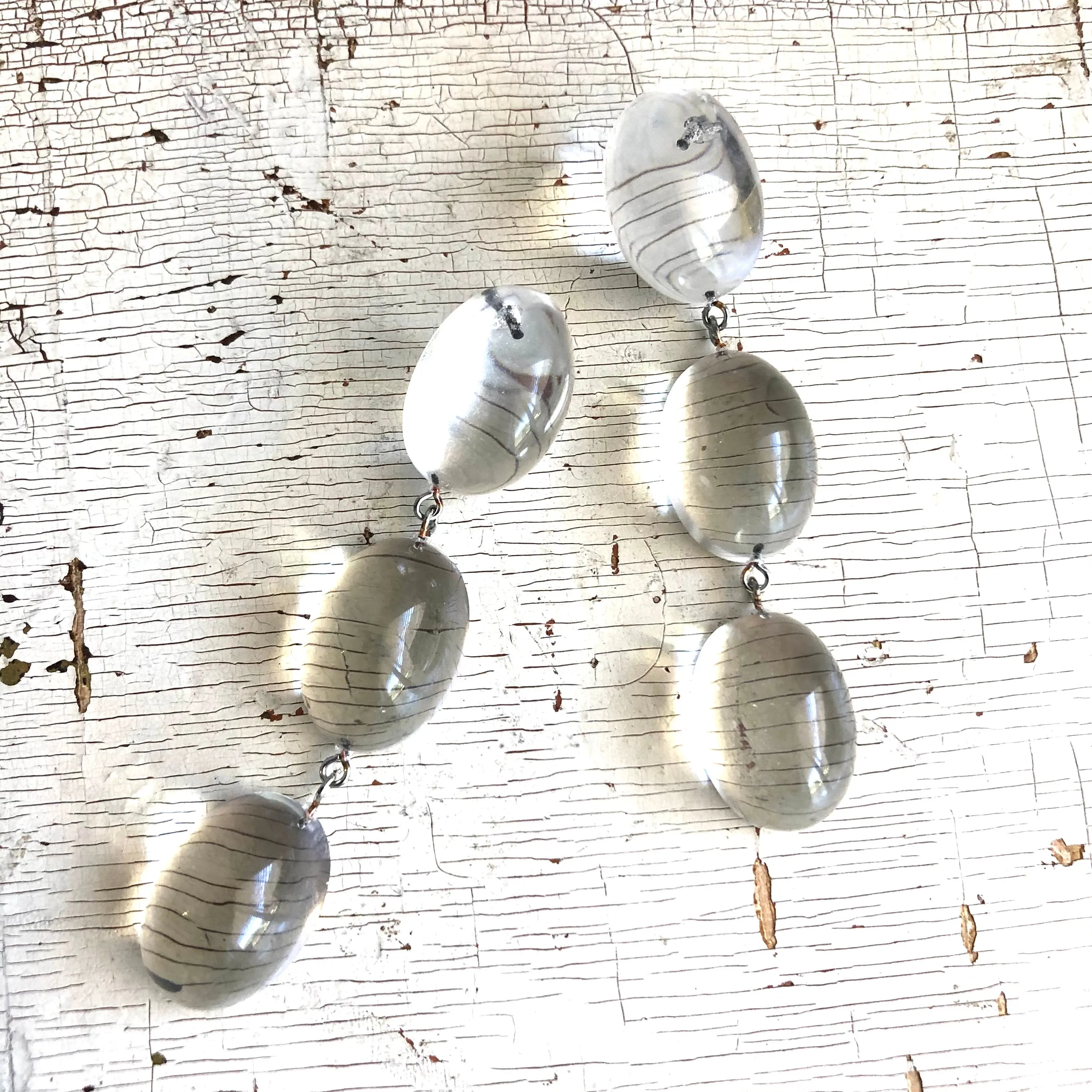 Clear Domed Oval Tri Dot Drop Earrings
