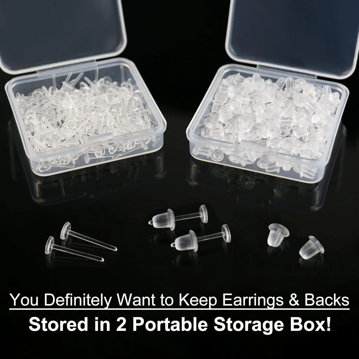Clear Earrings For Sports, 400Pcs 18g Plastic Earrings For Sensitive Ears, Clear Stud Earrings for Work with Solid Plastic Posts and Soft Rubber Earring Backs in 2 Organizer Box