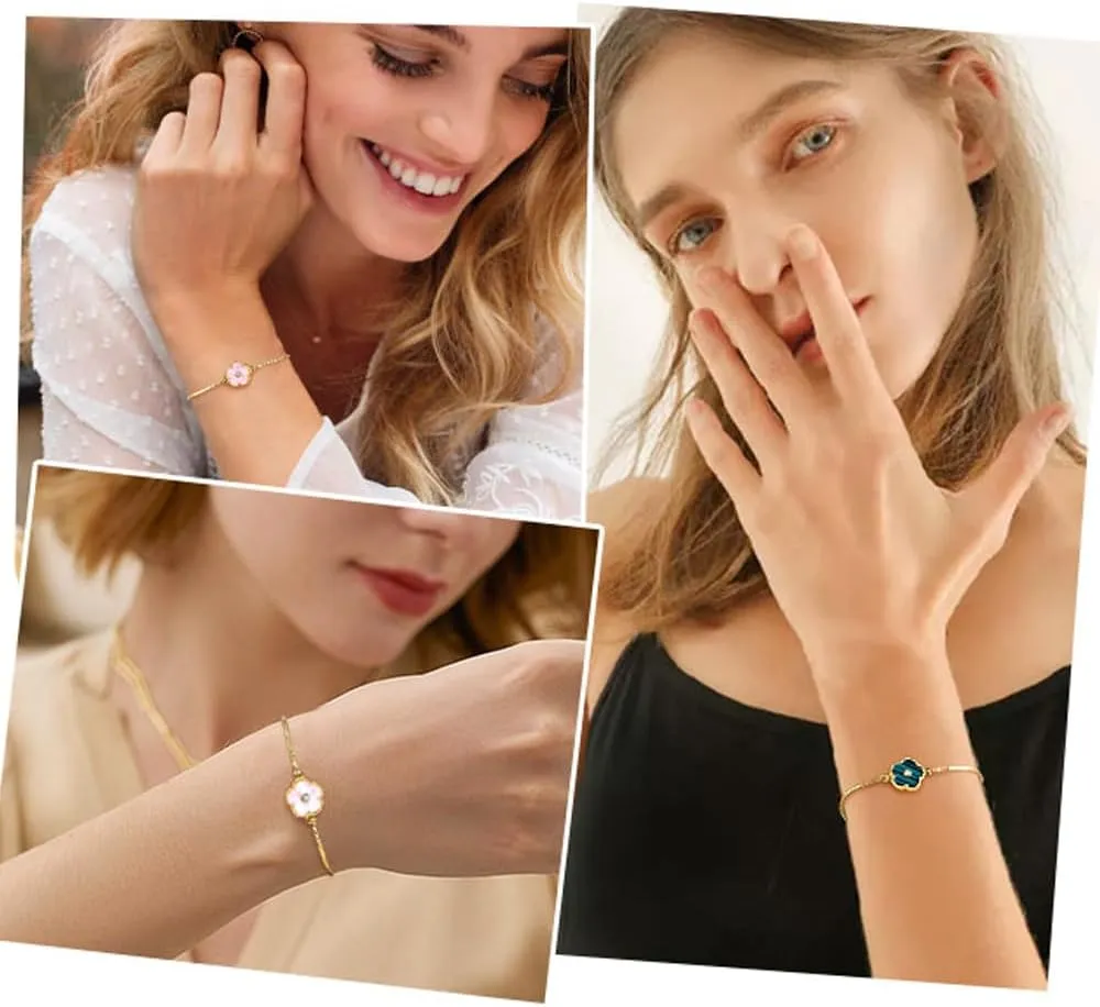 Clover Bracelet for women, Gold Flower Zircon Link Chain Bracelet, Birthday Valentine Christmas Party Adjustable Five Leaf Bracelet Jewelry Gift for Mom Friend Daughter Grandma
