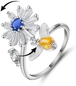 COLORFUL BLING Fidget Sunflower Evil Eye Daisy Spinner Stackable Rings Bee Butterfly Adjustable Open Rotatable CZ Cubic Zirconia Anti Stress for Women Wedding Jewelry