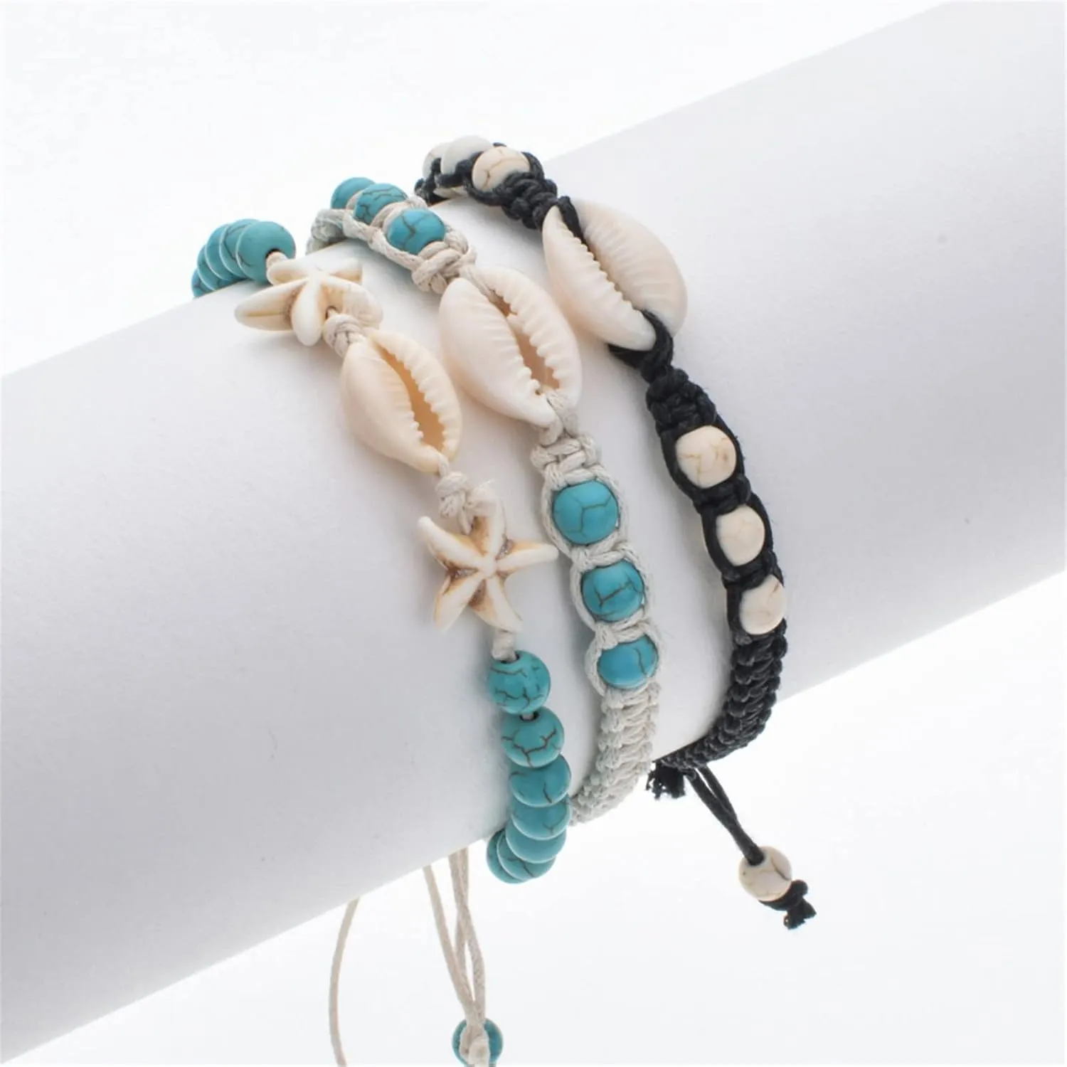 COLORFUL BLING Natural Cowrie Shell Turquoise Beaded Adjustable Bracelet Starfish Rope Strand Bracelet Handmade Women Jewelry Bohemian Gifts Summer Beach Holiday Party Hawaiian Seashell