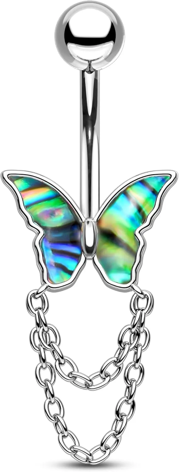Colorful Butterfly Belly Button Rings 14G Dangle Belly Button Piercing Silver Belly Navel Piercing Jewelry Stainless Steel