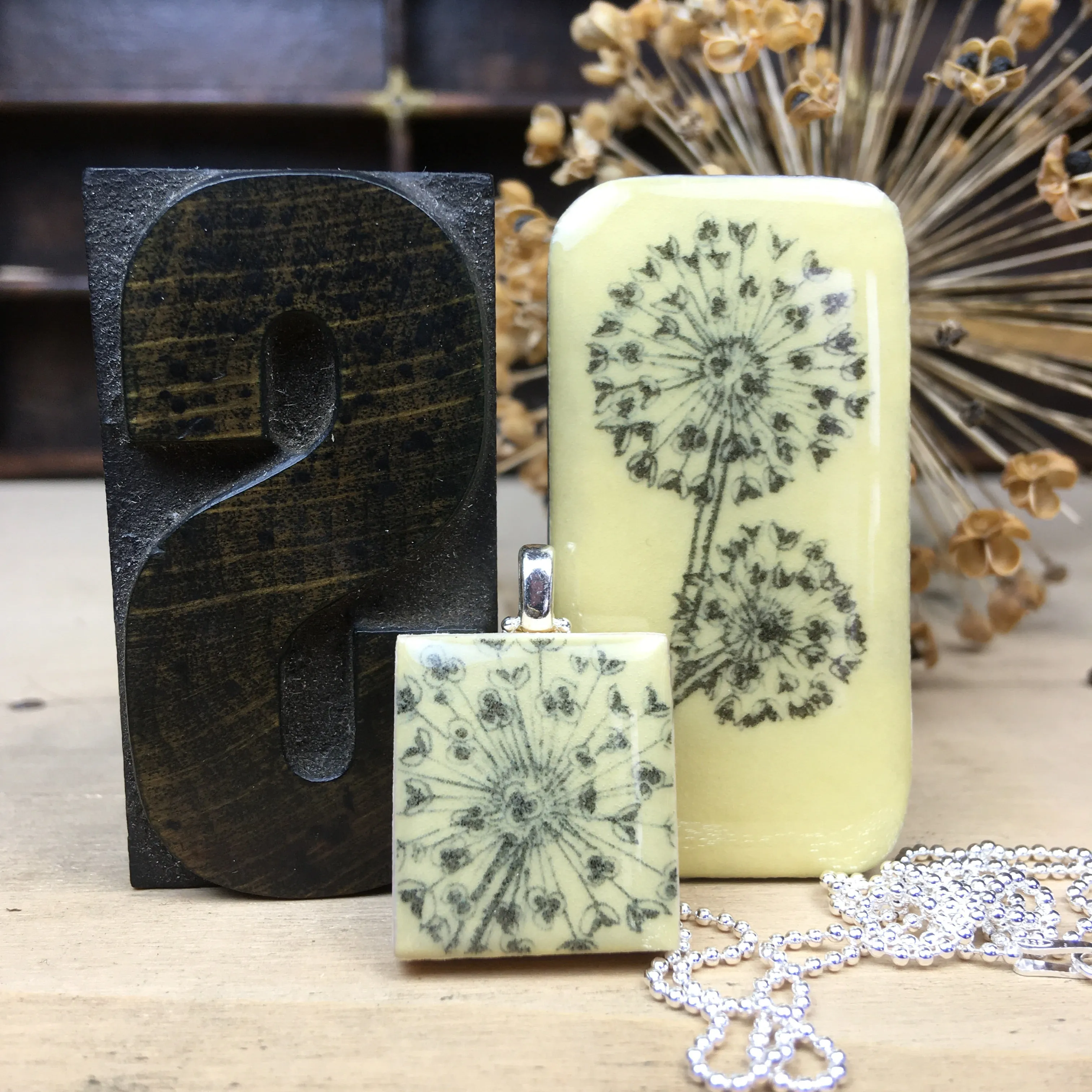 Cottage Garden Scrabble Tile Pendant and Teeny Tiny Tin - Allium