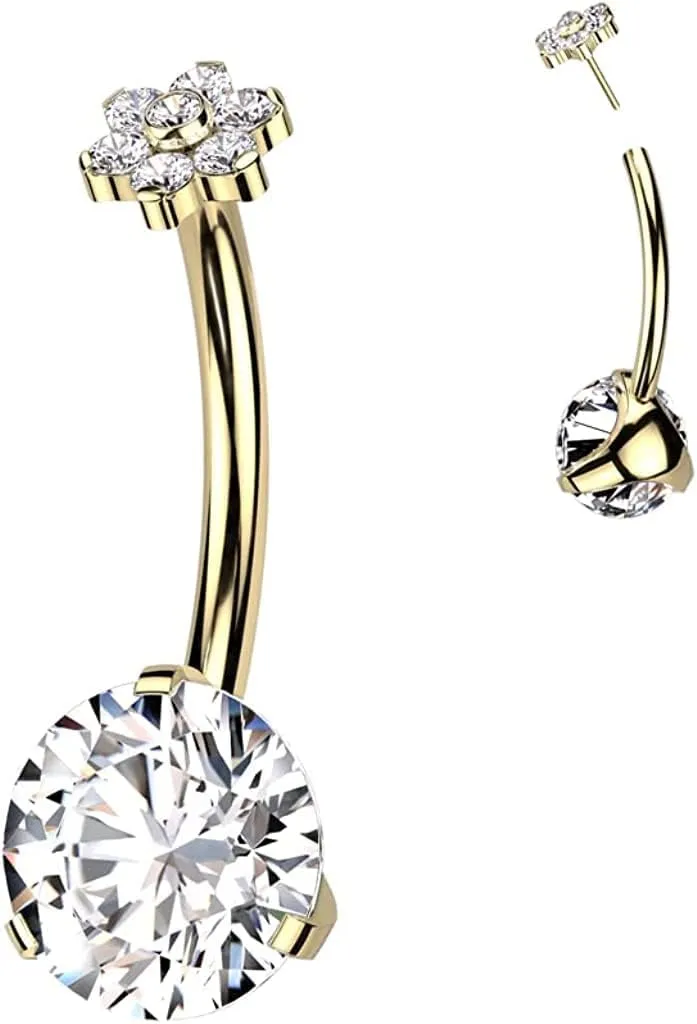 Covet Jewelry Titanium Threadless Push In Prong Bottom With Flower CZ Top Belly Button Ring