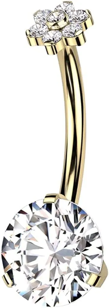 Covet Jewelry Titanium Threadless Push In Prong Bottom With Flower CZ Top Belly Button Ring