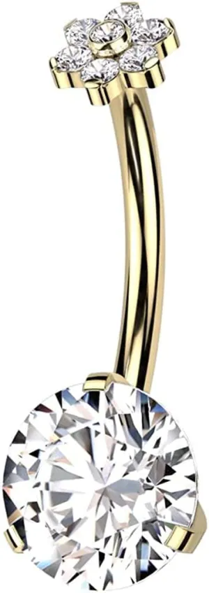 Covet Jewelry Titanium Threadless Push In Prong Bottom With Flower CZ Top Belly Button Ring