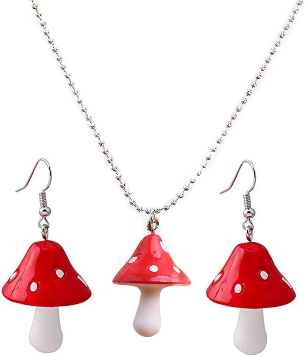 Creative Red Mushroom Dangling Earrings Necklace Set Mushroom Shape Drop Earring Necklace for Women