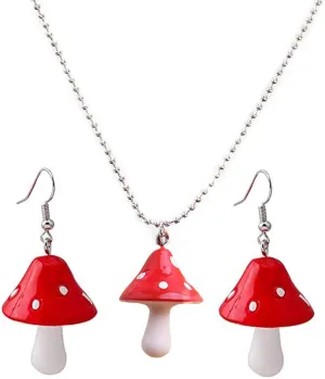 Creative Red Mushroom Dangling Earrings Necklace Set Mushroom Shape Drop Earring Necklace for Women