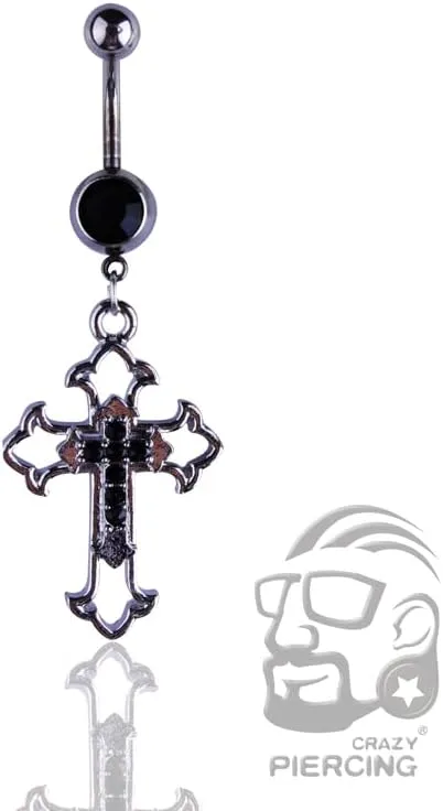 Cross Belly Button Ring CZ Stainless Steel Navel Ring Body Piercing Jewelry (Black)
