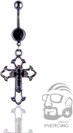 Cross Belly Button Ring CZ Stainless Steel Navel Ring Body Piercing Jewelry (Black)