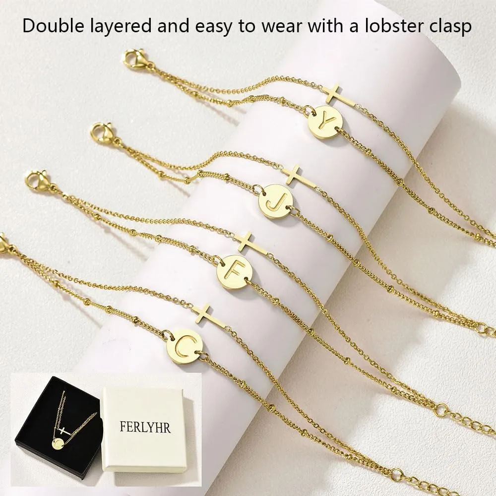 Cross Bracelet for Women Initial Bracelets for Women Dainty Layered Beaded Disc Monogram Gold Faith Cross Bracelet Christian Religious Jewelry Gift