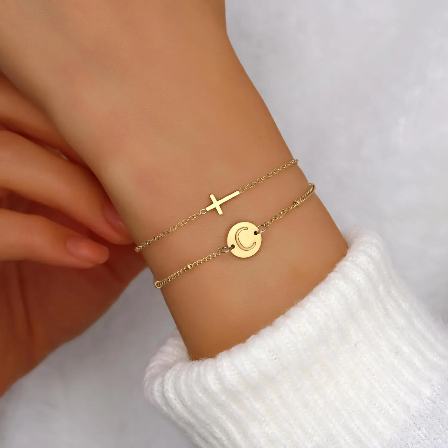 Cross Bracelet for Women Initial Bracelets for Women Dainty Layered Beaded Disc Monogram Gold Faith Cross Bracelet Christian Religious Jewelry Gift