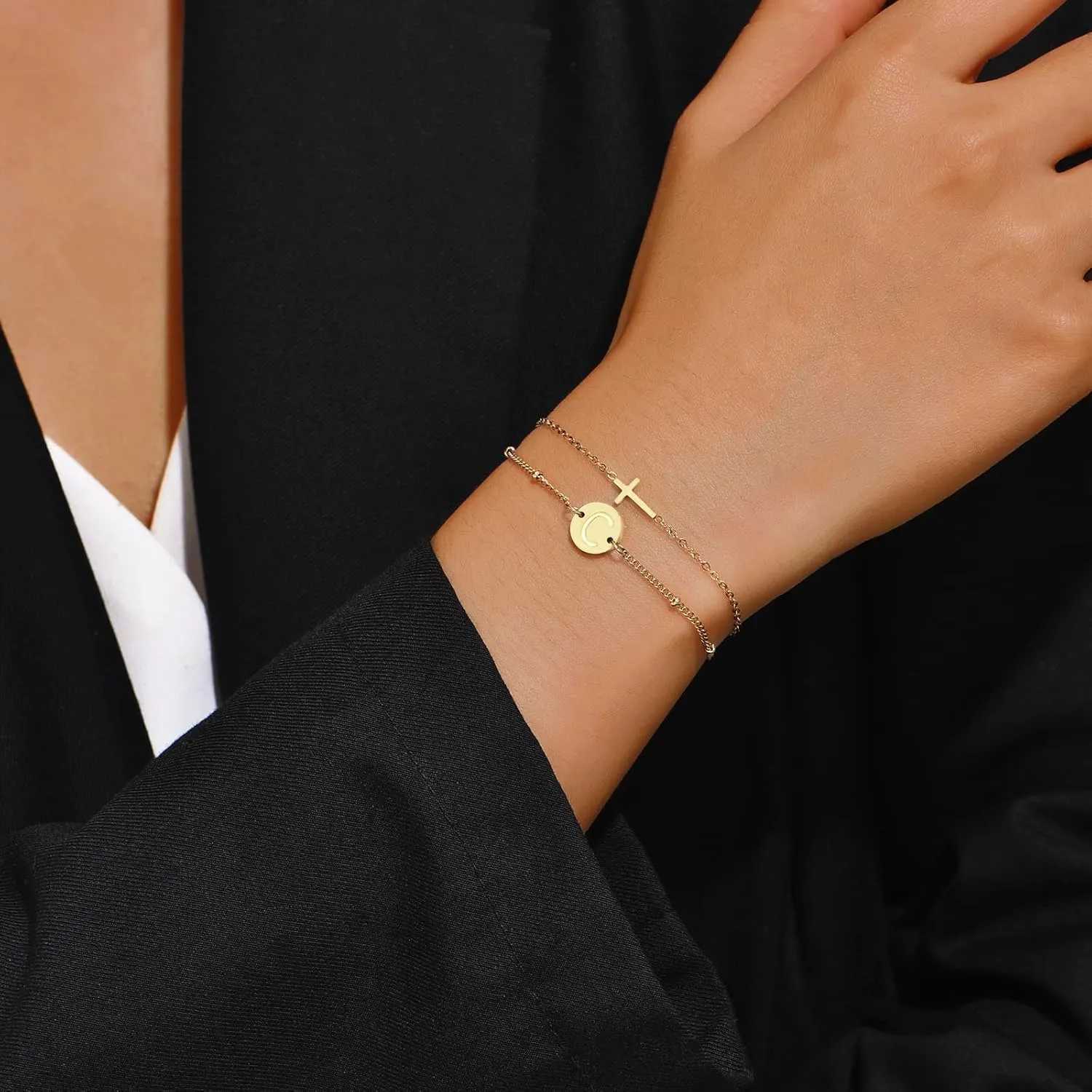 Cross Bracelet for Women Initial Bracelets for Women Dainty Layered Beaded Disc Monogram Gold Faith Cross Bracelet Christian Religious Jewelry Gift
