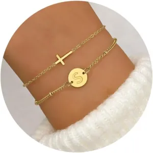 Cross Bracelet for Women Initial Bracelets for Women Dainty Layered Beaded Disc Monogram Gold Faith Cross Bracelet Christian Religious Jewelry Gift