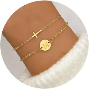 Cross Bracelet for Women Initial Bracelets for Women Dainty Layered Beaded Disc Monogram Gold Faith Cross Bracelet Christian Religious Jewelry Gift