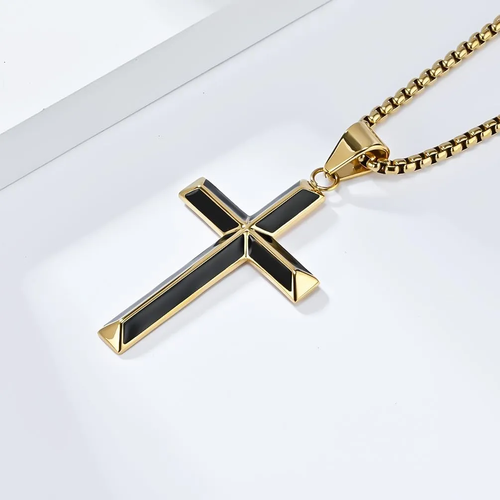 Cross Necklace for Men, Silver Gold Black Stainless Steel Cross Enamel Craft Minimalist Faith Cross Jewelry Mens Cross Pendant 24 Inch Adjustable Box Chain Unisex Cross Jewelry